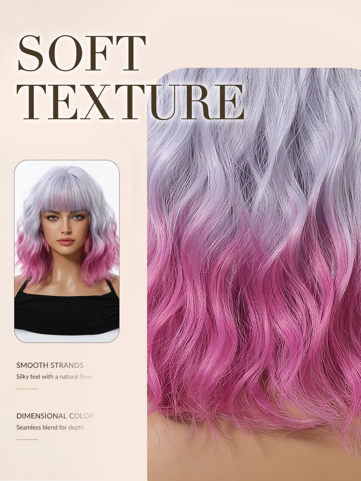 Pink Purple Ombre Curly Synthetic Wig With Bangs for Women