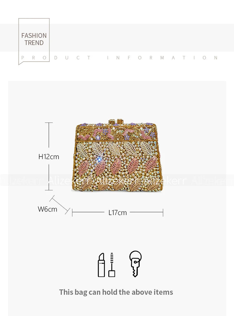 Metallic Leaf Diamond Evening Bag With Rhinestone Accents for Women