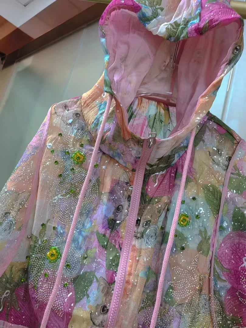 Rhinestone Embellished Hooded Chiffon Top