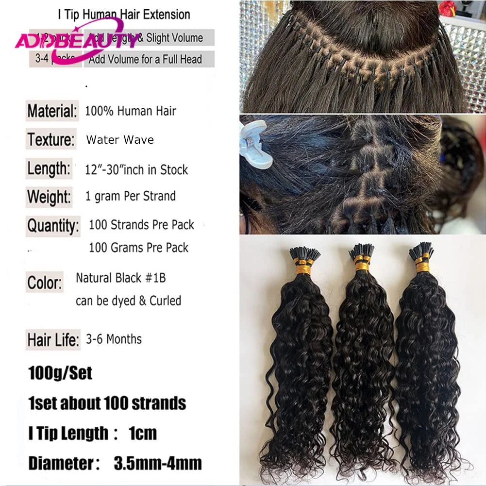 Natural Water Wave I Tip Human Hair Extensions for Women