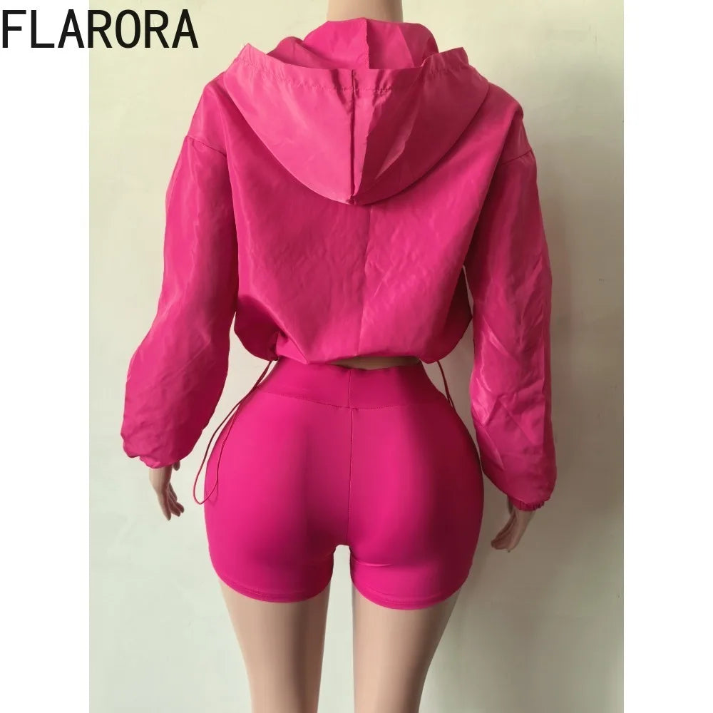 Hooded Zip Crop Jacket And Skinny Shorts Set for Women