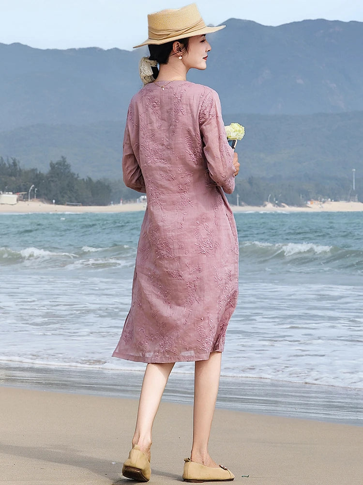 Elegant Embroidered Ramie Linen Knee Length Dress for Women