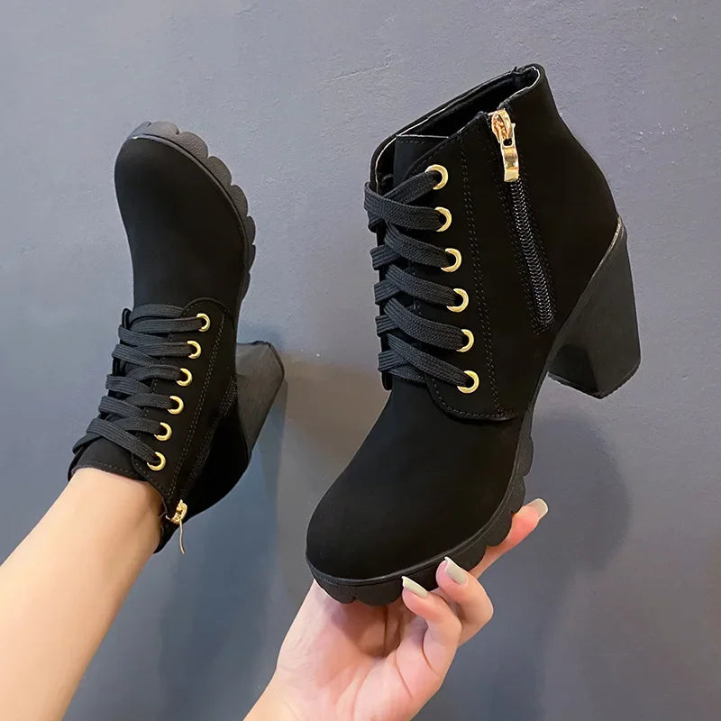 Lace-Up Platform Ankle Boots With Square Heels for Women