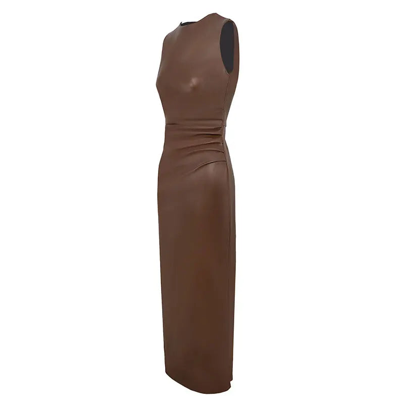 Summer Women's Maxi Dresses Streetwear Fashion New Zipper O-Neck PU Dress Solid Sexy Bodycon Female Club Party Dresses Clothing