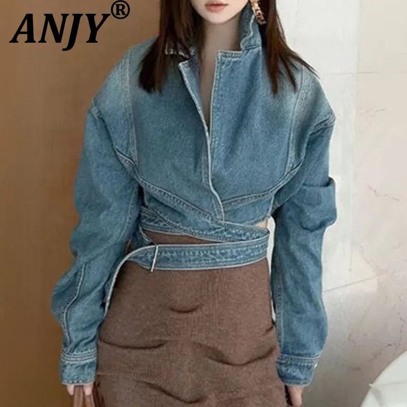 ANJY Autumn New Women Fashion Unique Lace- Up Distressed Washed Denim Jacket High Street Chic Versatile Casual Short Coat A16787