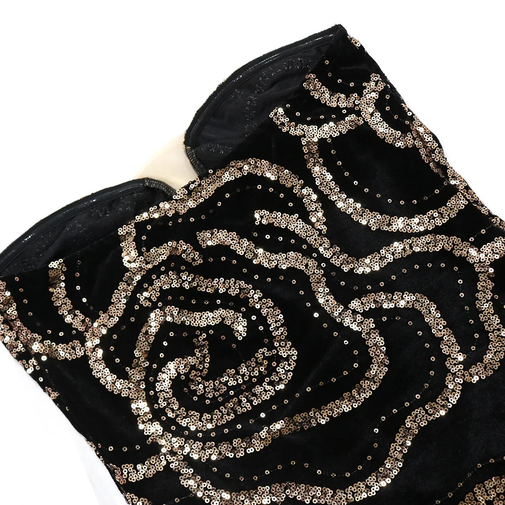 Sweetheart Strapless Deep V Velvet Rhinestone Rose Pattern Maxi Dress for Women