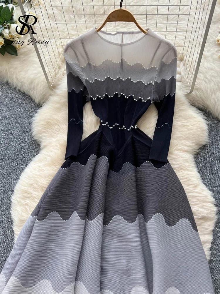 Wave Print Long Sleeve Ankle Length Evening Dress for Women