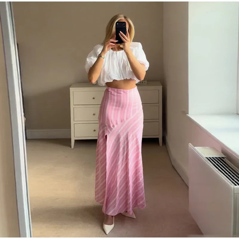 Elegant Striped Long Sleeve Shirt and Skirt Set for Women