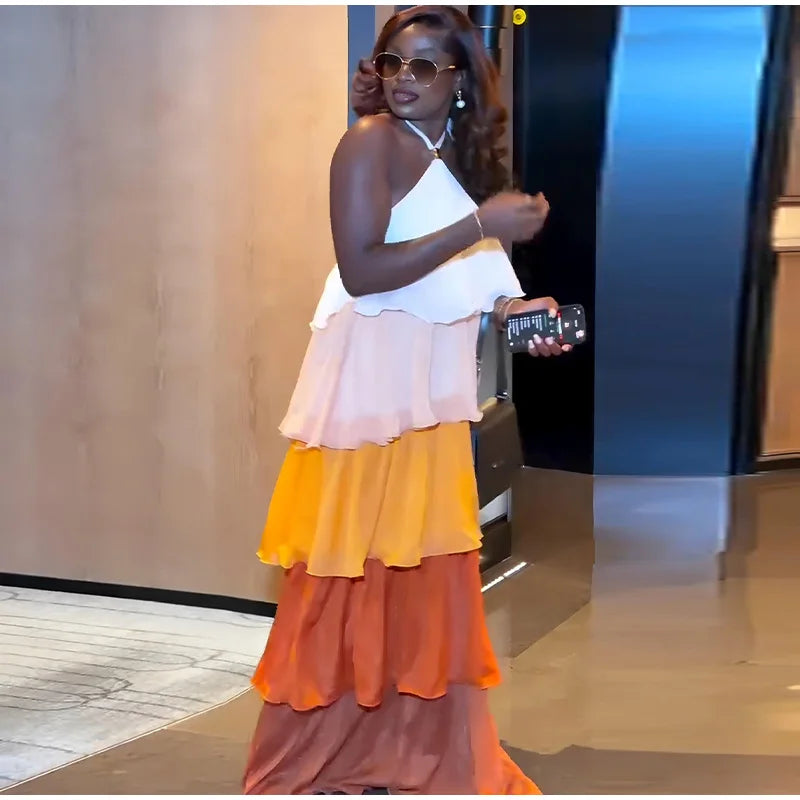 Flowy Gradient Halter Off Shoulder Ruffle Maxi Dress for Women
