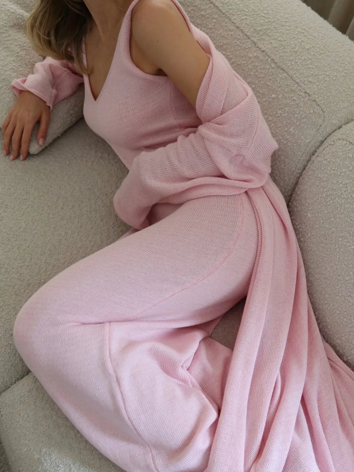 V-Neck Ribbed Knit Maxi Dress Set