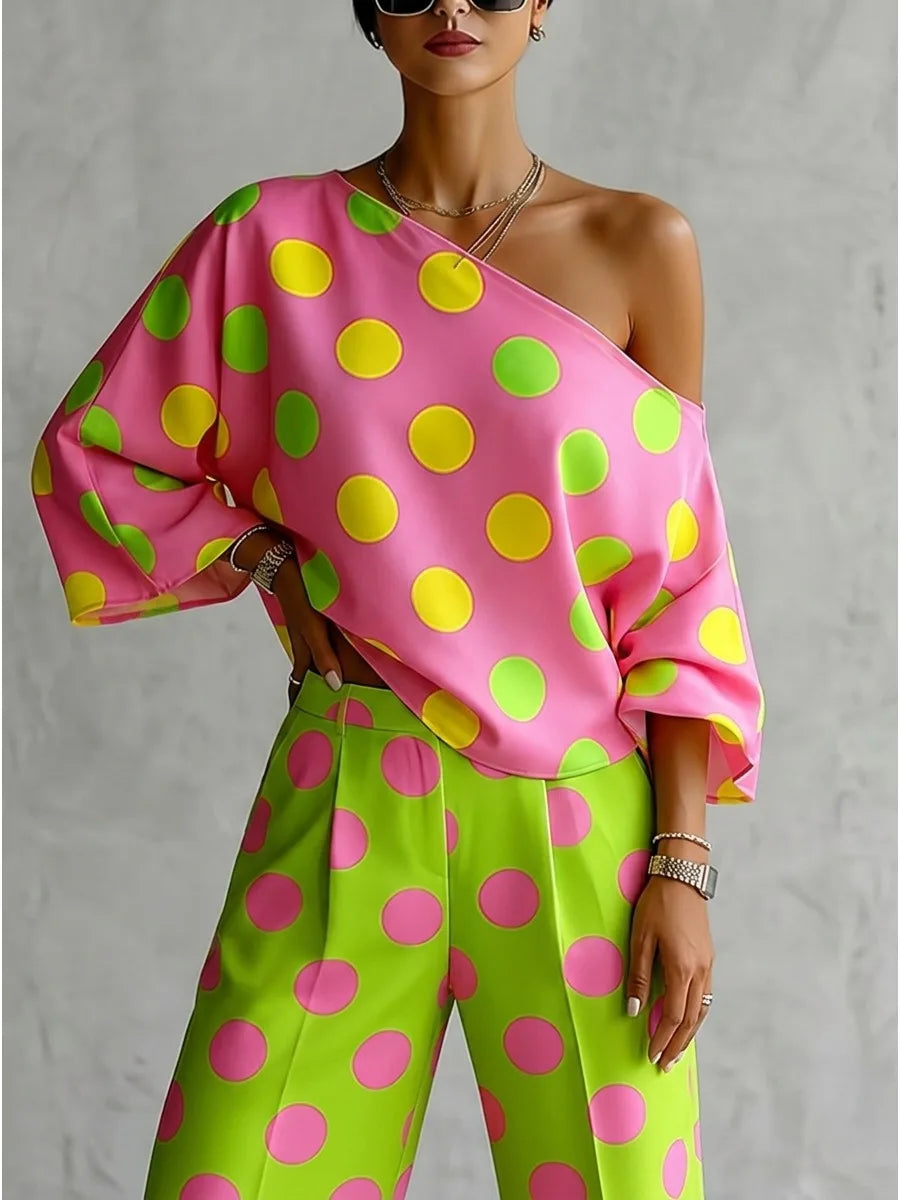 Bonboho Women's One Shoulder Polka Dot T-shirt Pink Base with Green Yellow Dots Loose Batwing Sleeve Shirt Top Casual Blouse