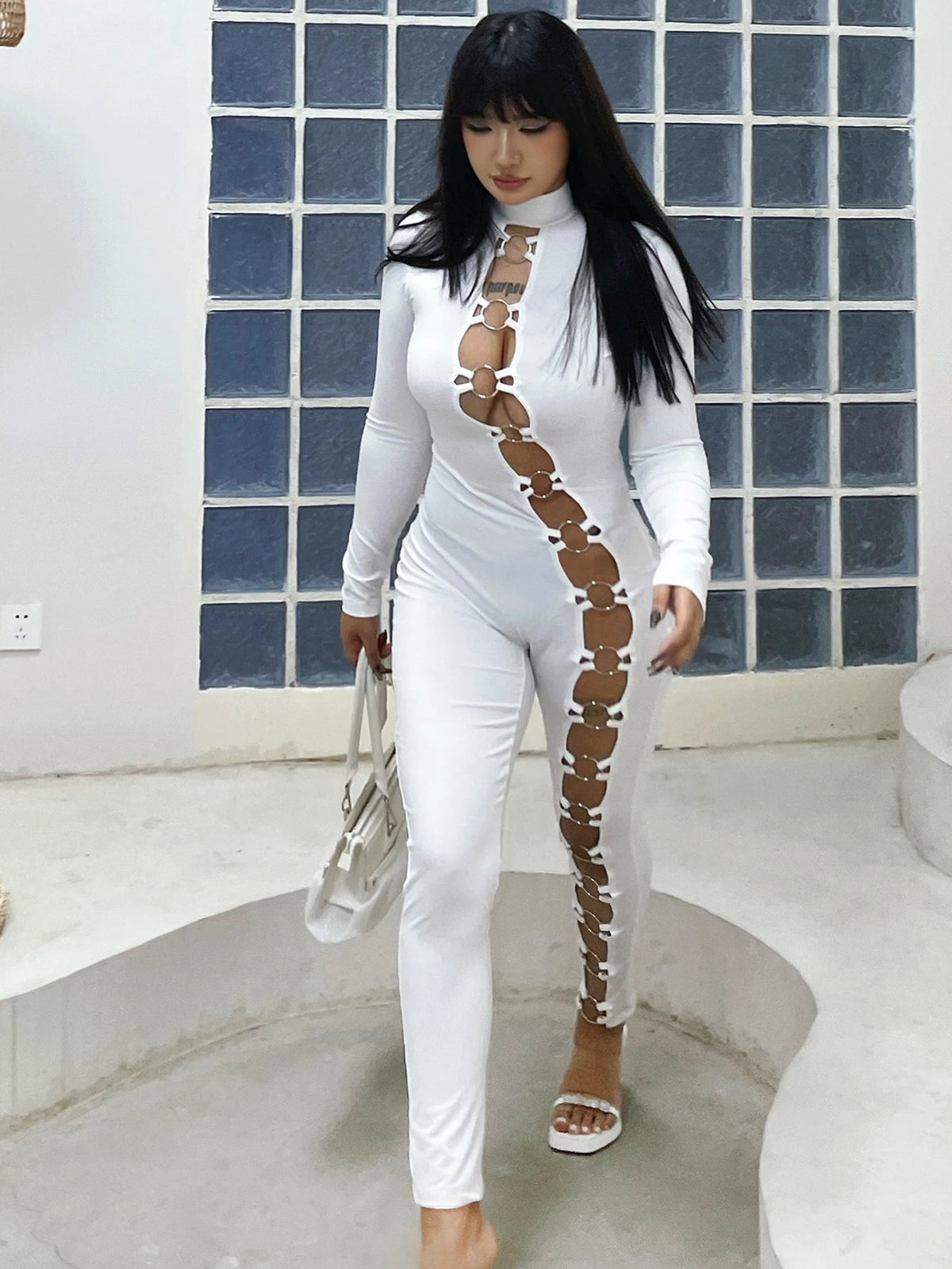 High Neck Slim Fit Jumpsuit With Metal Detail for Women