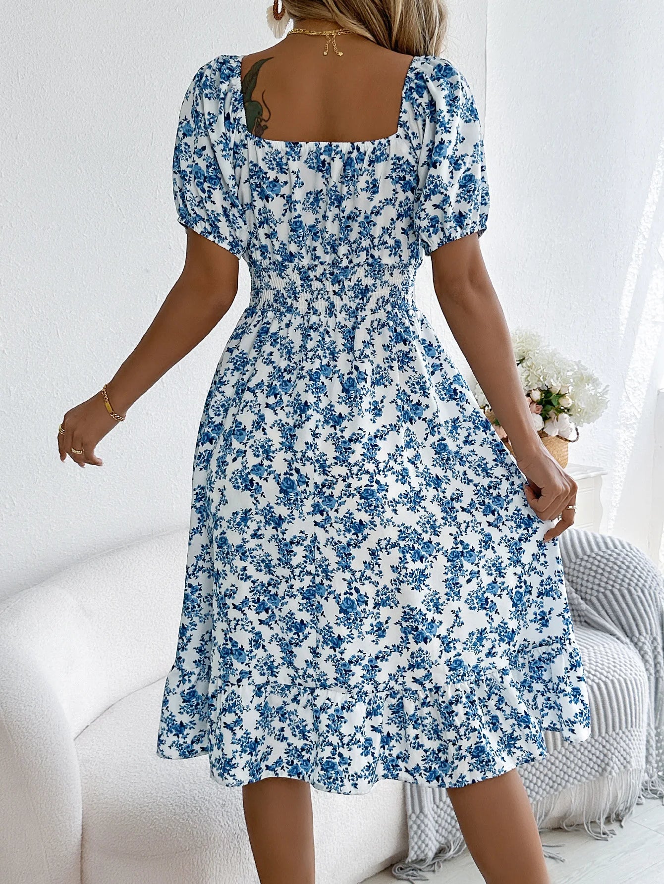 Floral Square Neck Short Sleeve High Waist Swing Dress for Women