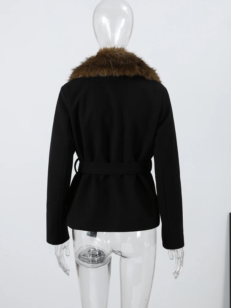 Shawl Faux Fur Coat With Lace Up Belt for Women