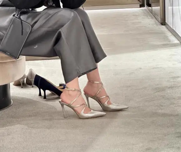 Silver Silk Cross Strap Slingback Sandals for Women
