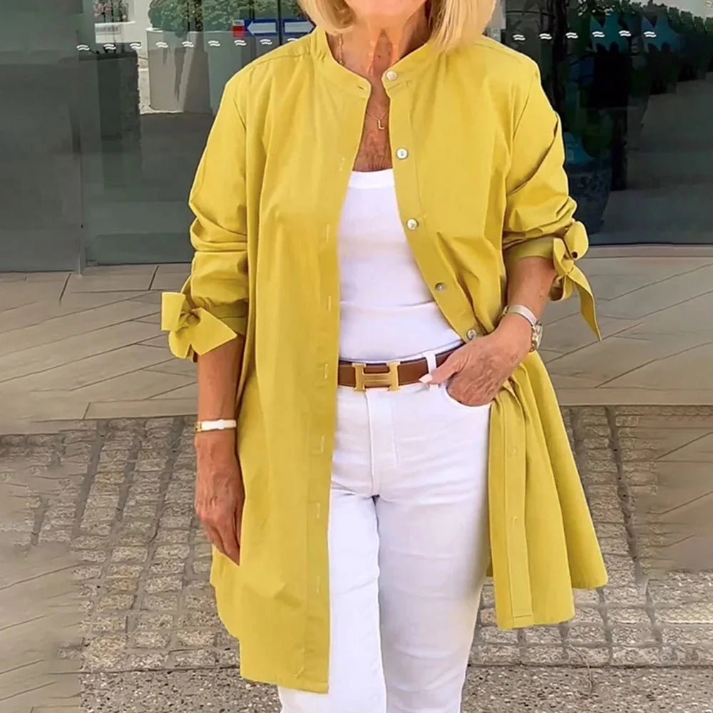 Women's Solid Long Sleeve Stand Collar Shirts Blouse Spring Autumn Ladies Single Breasted Casual OL Office Tops Size S-3XL