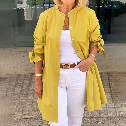 Women's Solid Long Sleeve Stand Collar Shirts Blouse Spring Autumn Ladies Single Breasted Casual OL Office Tops Size S-3XL