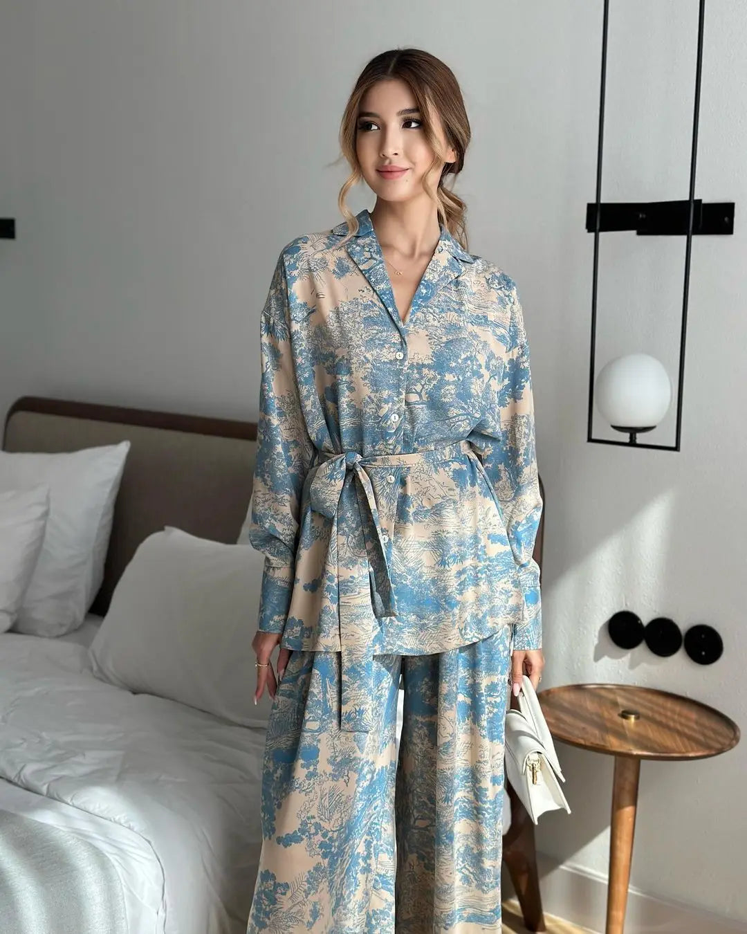 Elegant Print Two Piece Set With Long Sleeve Shirt And Wide Leg Pants for Women