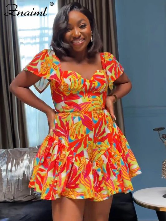 Znaiml Fashion Summer Playsuit Low Cut Short Sleeve Pleated Ruffles Printing Playsuit Women Boho African Orange Short Jumpsuit