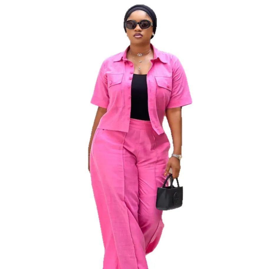 Two Pieces Women Pant Sets Solid Matching Sets Pocket Button Short Sleeve Top Empire Waist Wide Leg Pants Loose Fit 2025 Summer