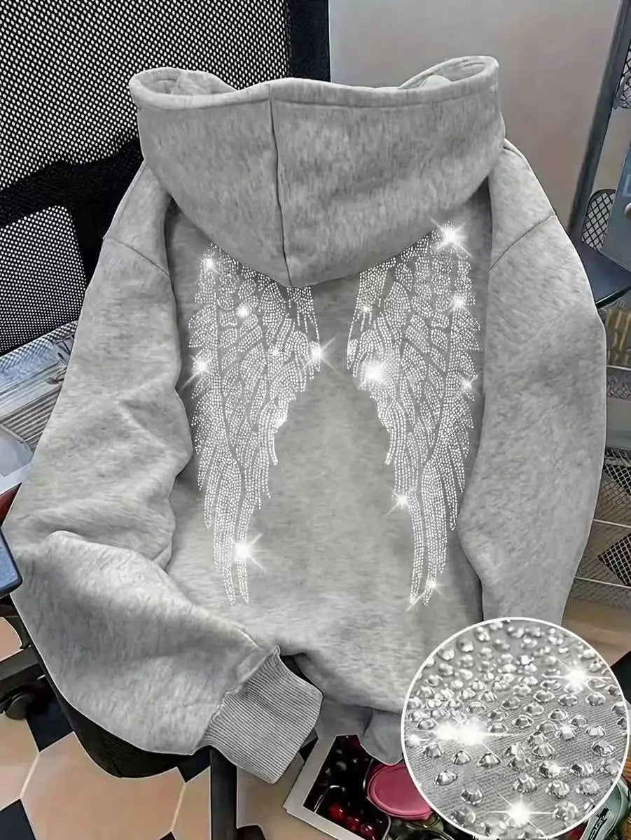Wing Print Rhinestone Long Sleeve Pullover Hoodie for Women