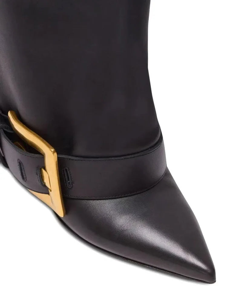 Design Women Metal High Heel Pointed Toe Belt Buckle Knee High Boots Sexy Women Pointy Gold Belt Buckle Knee Boots Plus Size 46