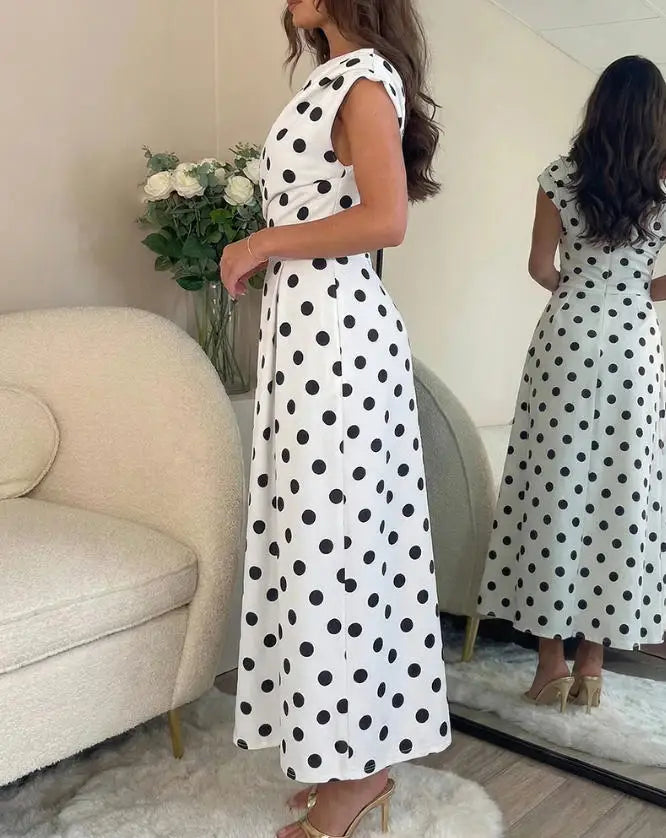 Polka Dot Ruched A Line Maxi Dress With Pockets for Women