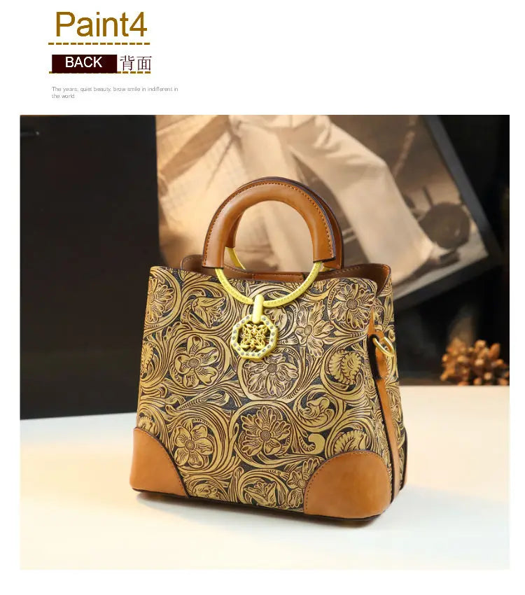 Retro Cowhine Carved Women Bag Handhold Bucket Leather Commuting Shoulder Underarm Crossbody Bags for Women