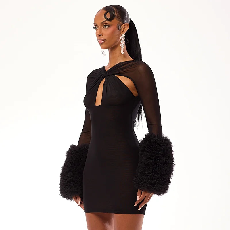 Weird Puss Furry Patchwork Dress Women See Through Full Sleeve Sexy Hollow Cross Elegant Luxury Banquet Birthday Party Clubwear