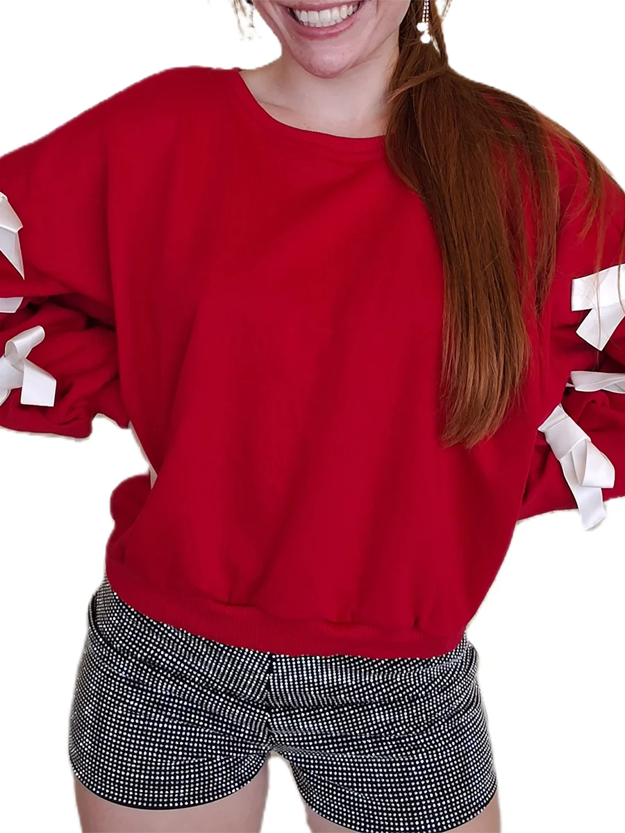 Christmas  Women’s Oversized Bow Decoration Hoodie Sweatshirts Long Sleeve Round Neck Loose Fit Pullover Tops with Bows