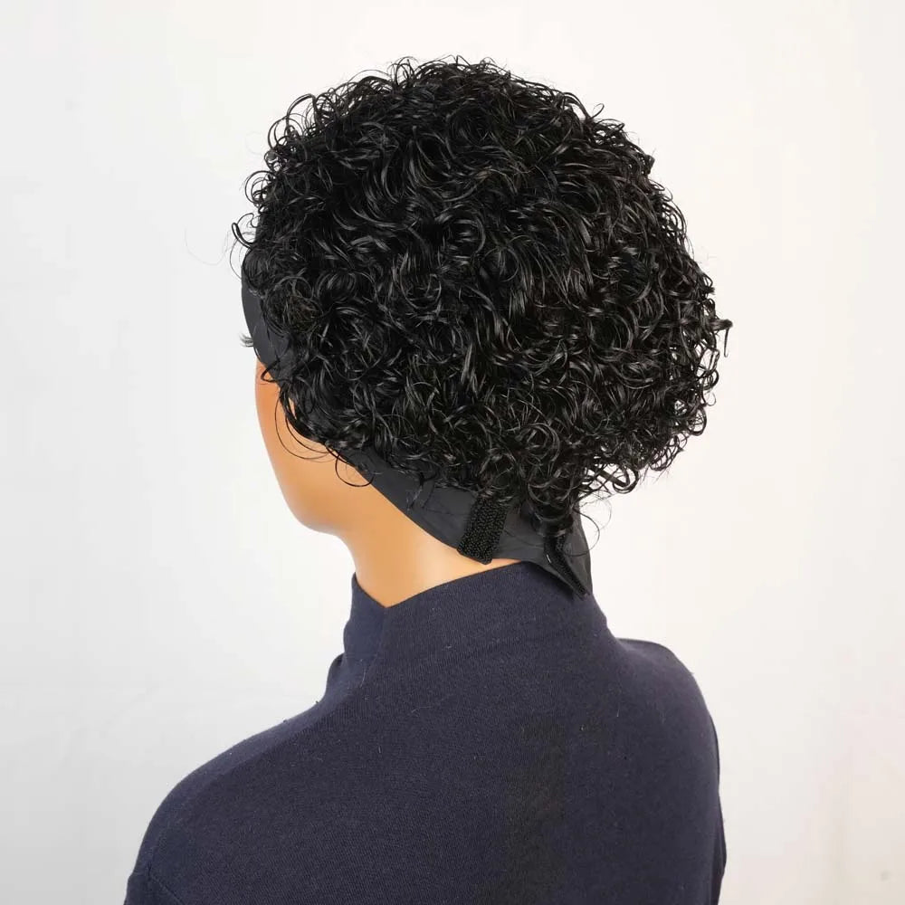 Headband Short Curly Pixie Cut Human Hair Wig for Women