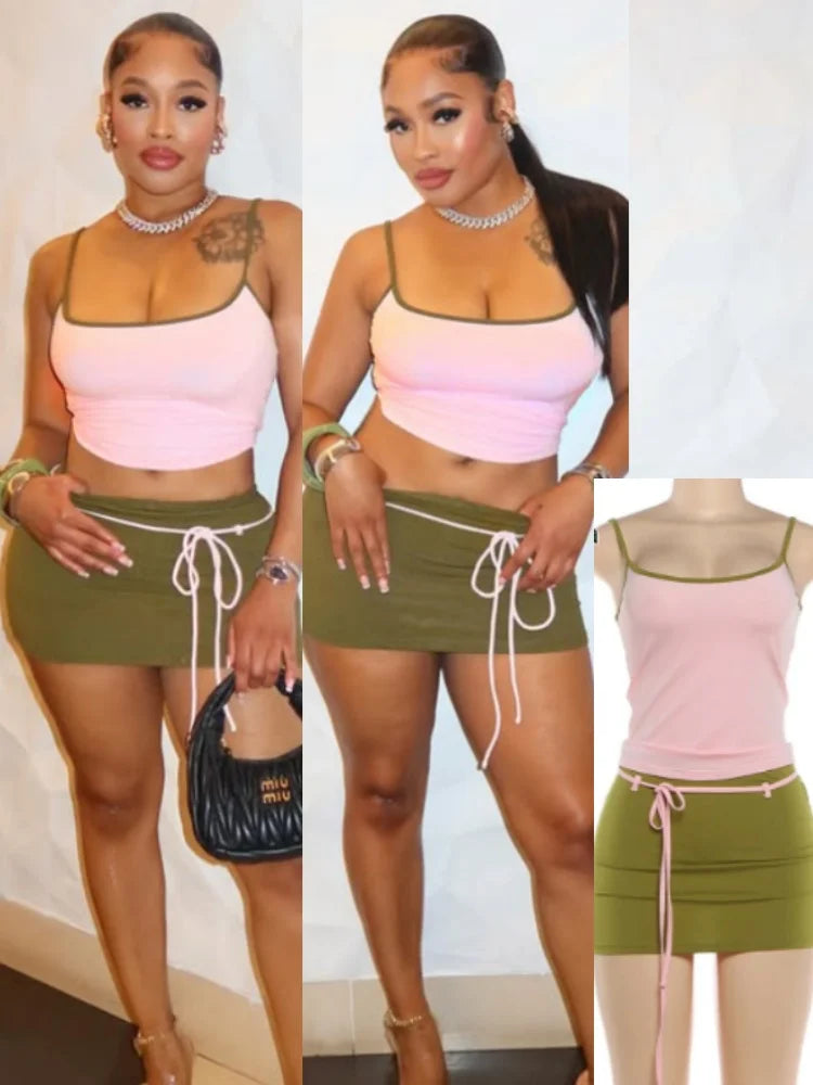 Color Blocking Two Piece Set Backless Camisole And Tassel Skirt for Women
