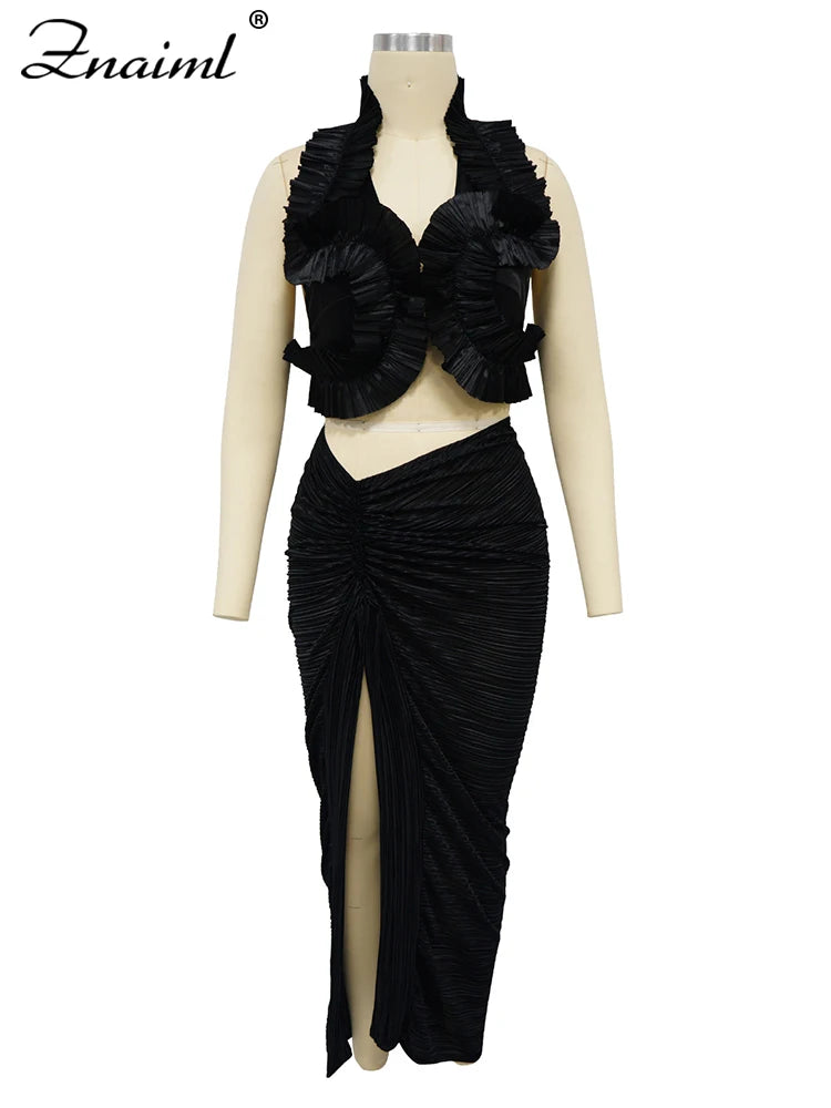 Znaiml Prom Gowns Formal Pleated Two 2 Pieces Women Crop Top and High Slit Skirt Set Ruffles Sexy Night Club Outfits Birthday