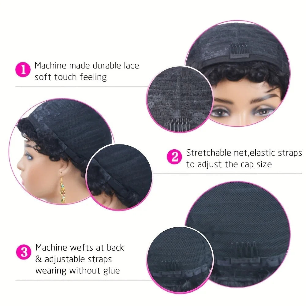 Natural Wavy Pixie Cut Remy Human Hair Wig With Bangs For Women
