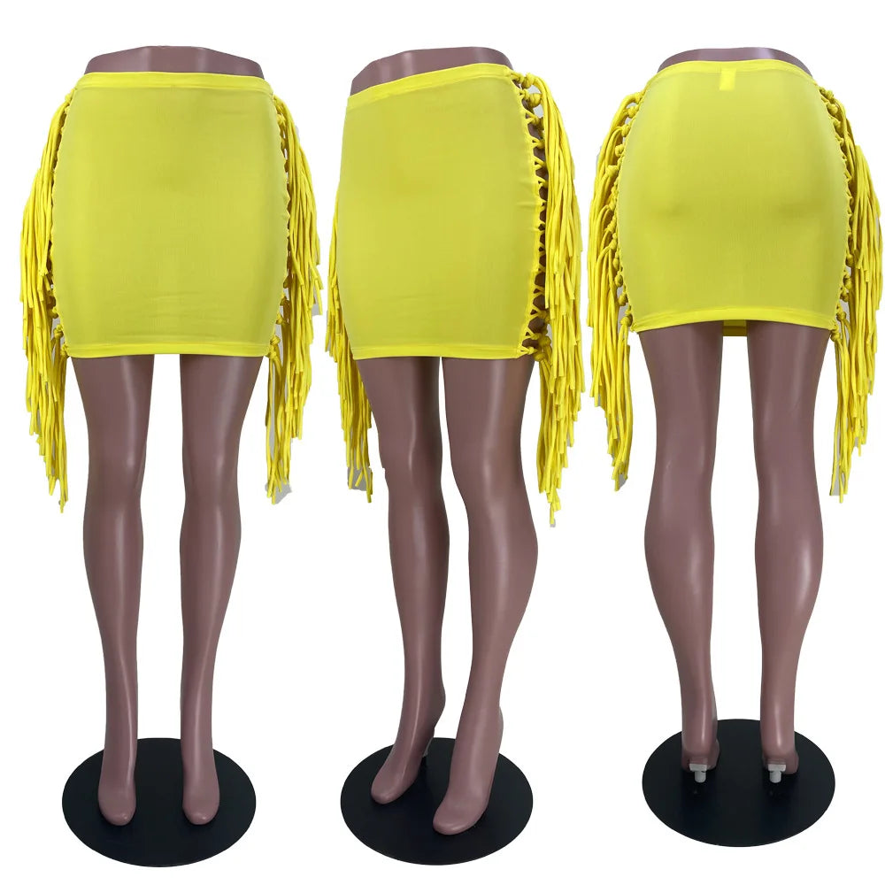 FAGADOER Sexy Tassel Bodycon Mini Skirts Party Club Outfits Women Fashion Chic Streetwear Short Birthday Holidays Skirt Solid