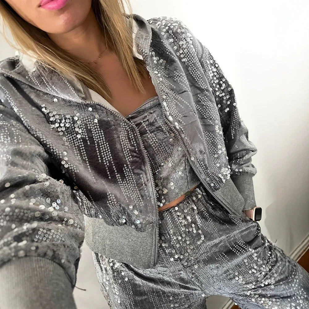 Fashion Sequin Jacket Women Clothing Hooded Y2k Casual Velvet Contrast Daily Long Sleeve Zip Up Coats for Female Streetwear