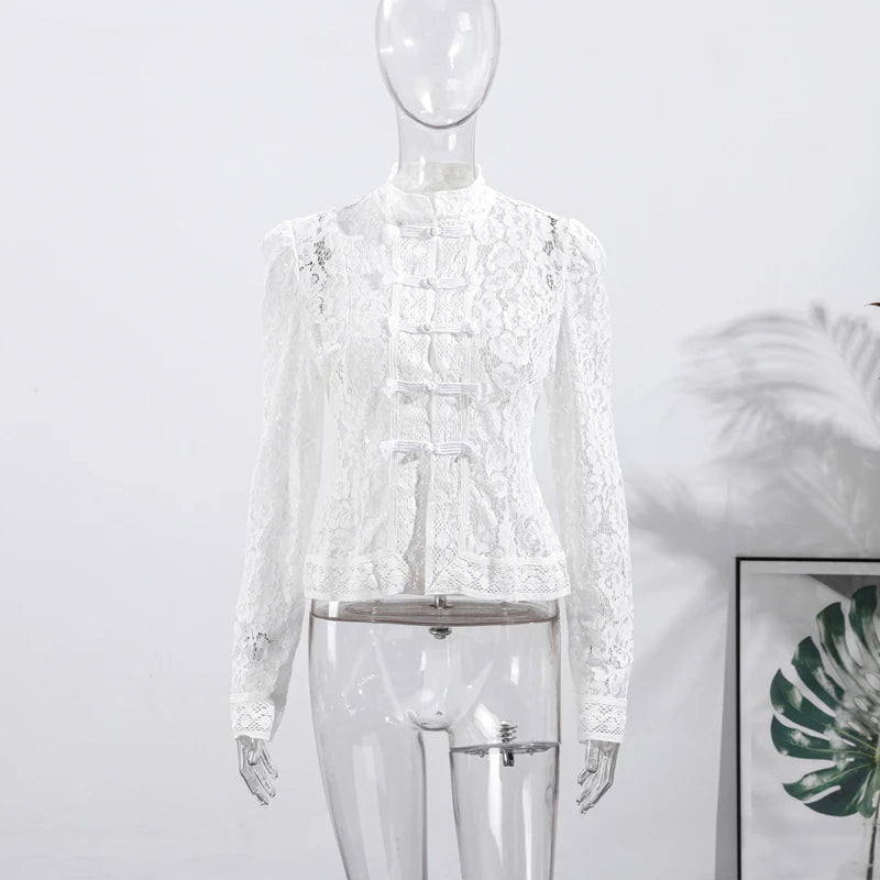 Elegant Embroidered Puff Sleeve Hollow Out Lace Blouse for Women