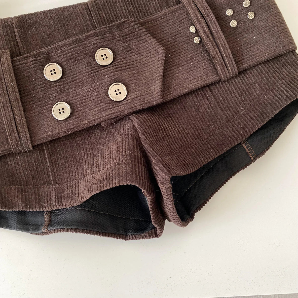Retro Corduroy Button Detail Low Waist Shorts for Women