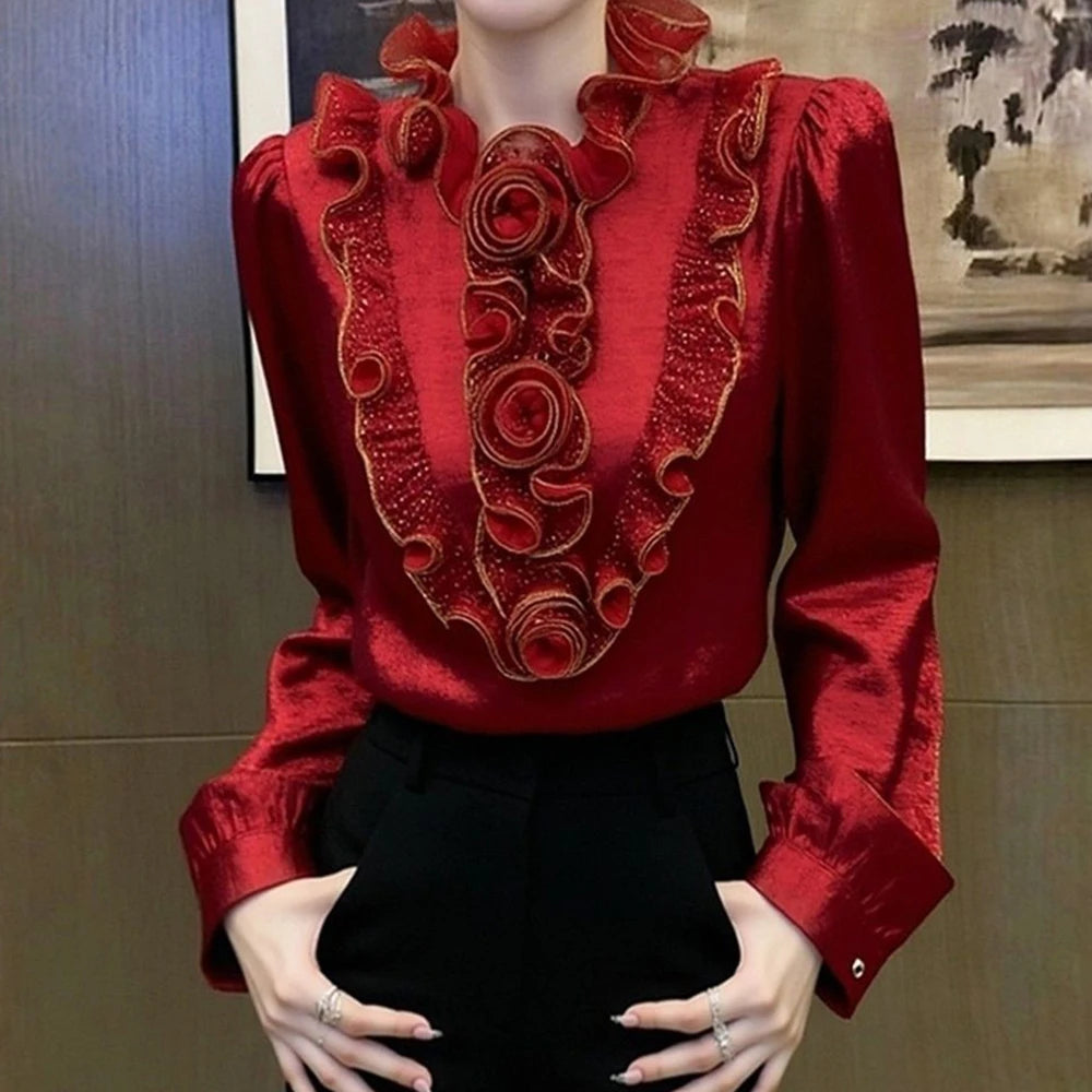 French Inspired Red Scalloped Edge Casual Top for Women