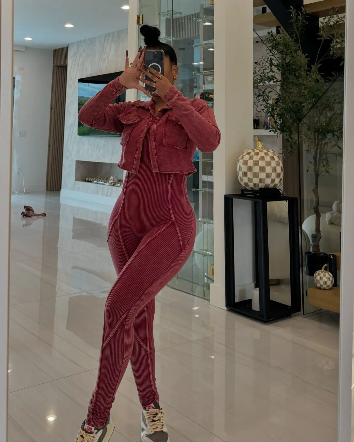 Washed Fabric Two Piece Knit Set