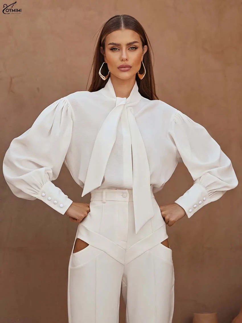 Oymimi Fashion White Lace-Up Neck Women's Shirt Casual Long Sleeve Single Breasted Blouses Elegant New Solid Loose Blouses 2025