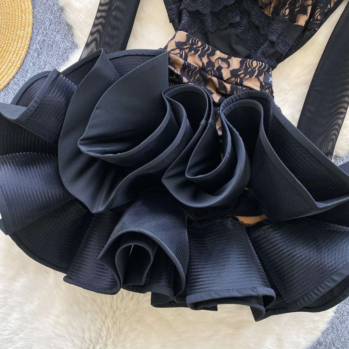 Floral Lace Mesh Bodysuit and Ruffle Mini Skirt Set for Women