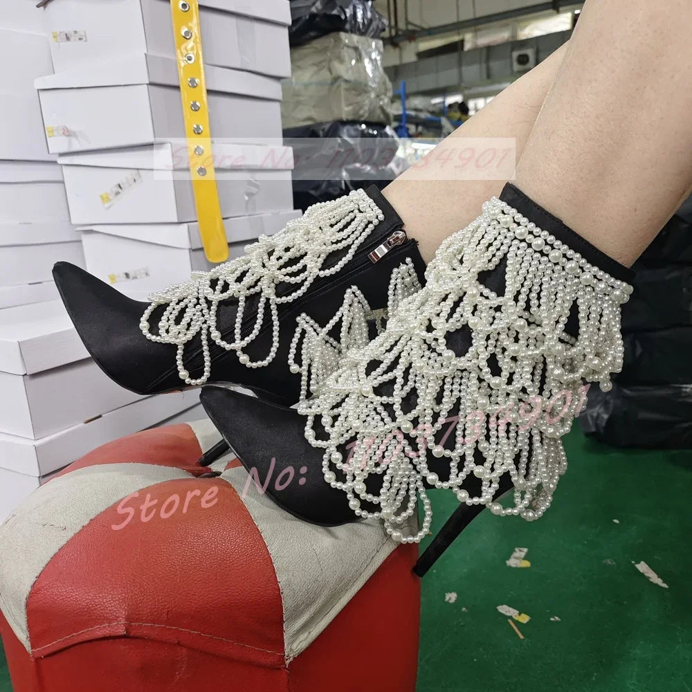 Mid Calf Pointed Toe Zip Satin Pearl Chain Black Boots for Women