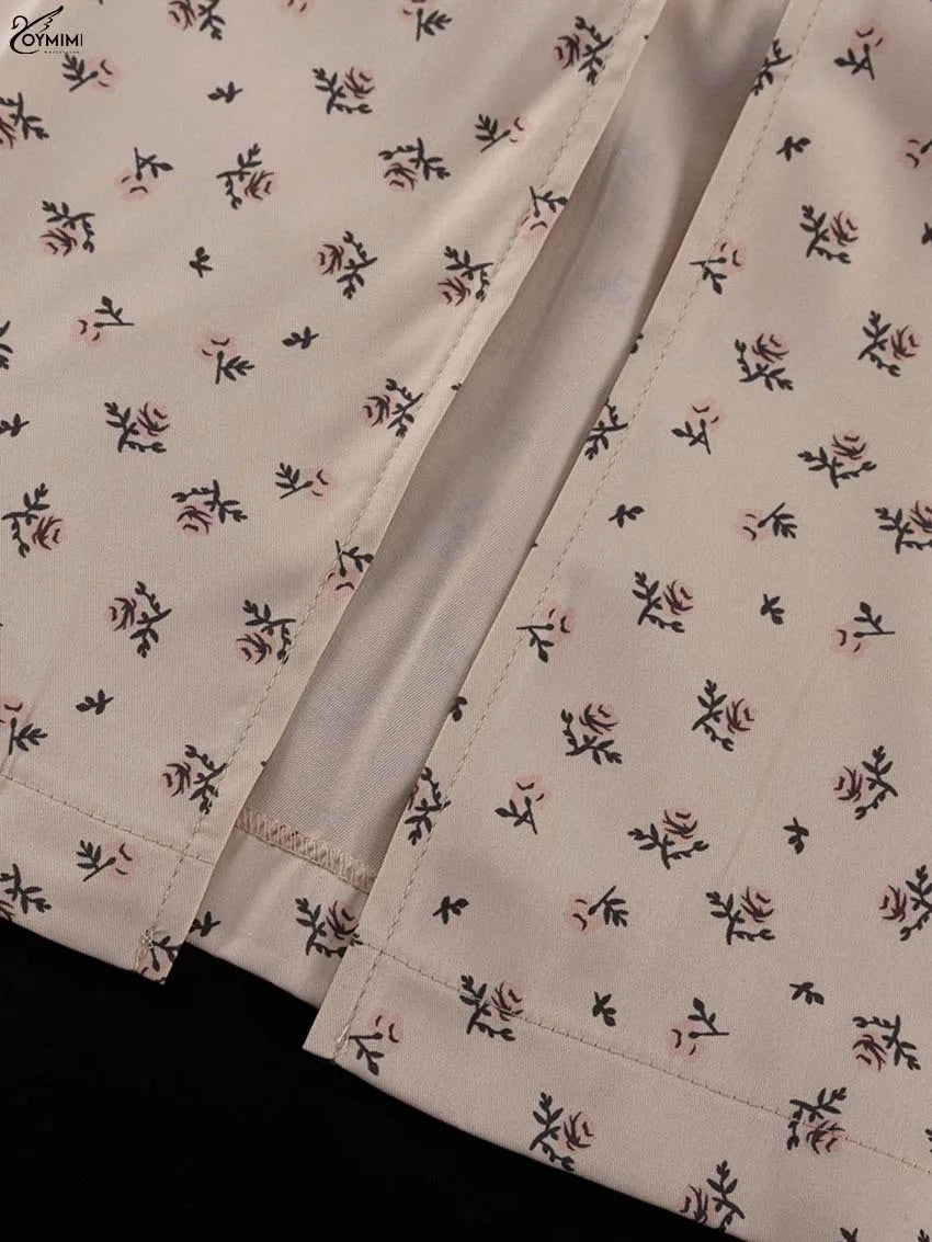 Oymimi Casual Apricot Print 2 Pieces Set For Woman Elegant Long Sleeve Button Ruffled Shirts And High Waist Side Slit Skirts Set