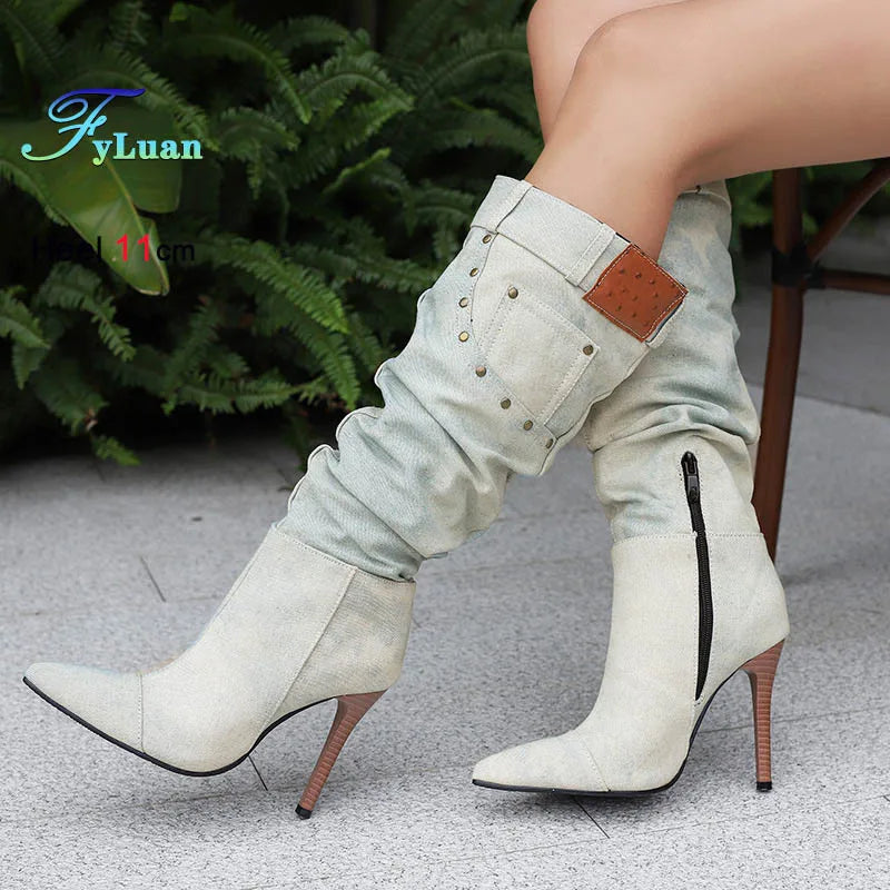 Fashion Knee High Pointed Pleated Denim Boots With Stiletto Heels For Women