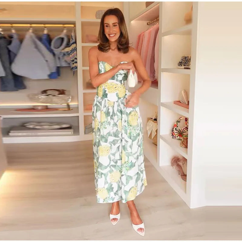 Printed Strapless Long Backless Dress With Pockets For Women