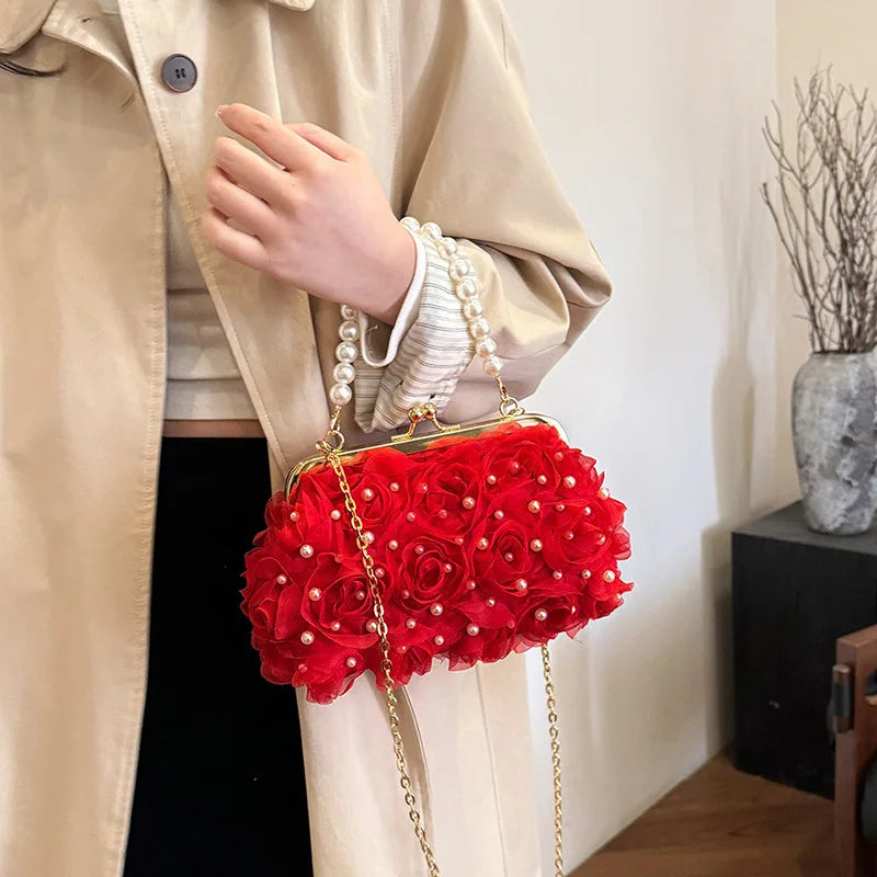 Pearl Floral Chain Evening Crossbody Bag