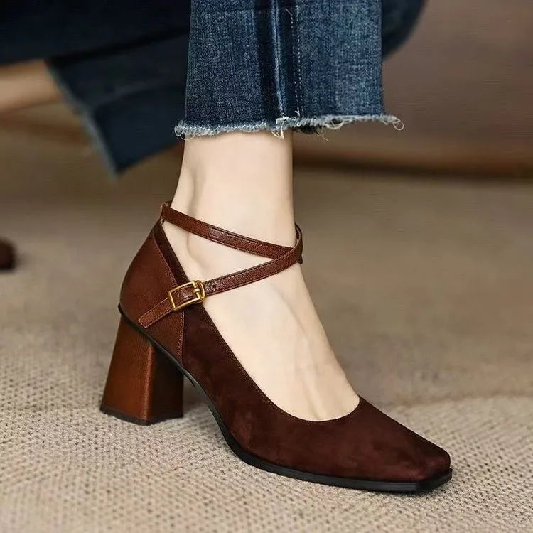 Block Heel Suede Paneled Vintage Mary Janes with Cross Strap for Women