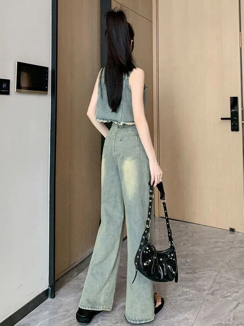 Frayed Denim Vest High Waisted Pants Set Sleeveless Jean Vest Top with Wide Leg Tapered Cropped Pants for Women Summer Outfit