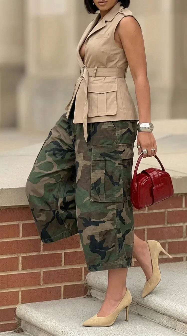 Women Camo Printed Capri Cargo Pants High Waist Loose Wide Leg Casual Streetwear Cropped Trousers